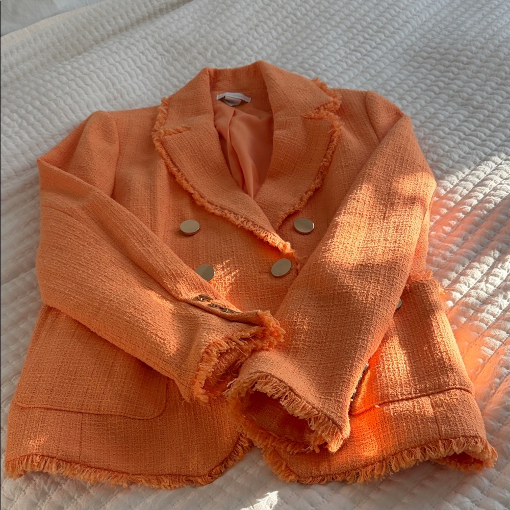 Zara Orange Tweed Frayed Double-Breasted Blazer